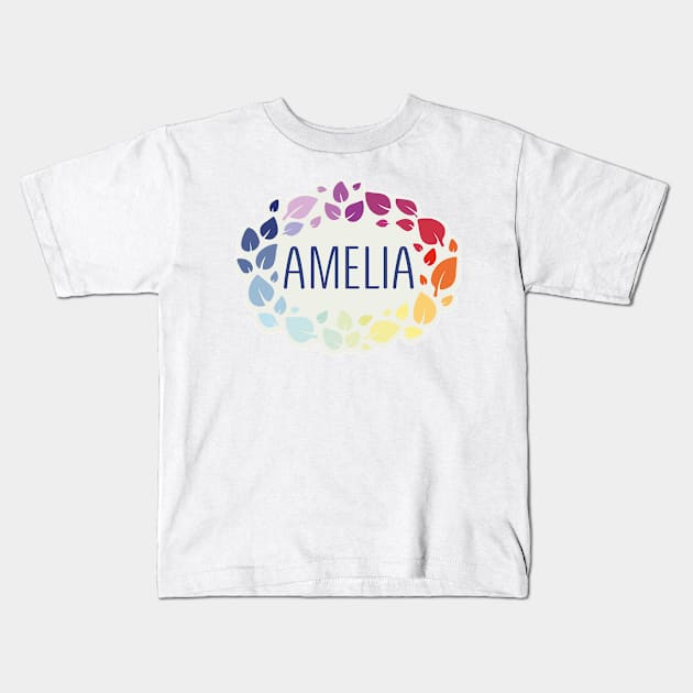 Amelia name with colorful leaves Kids T-Shirt by WildMeART